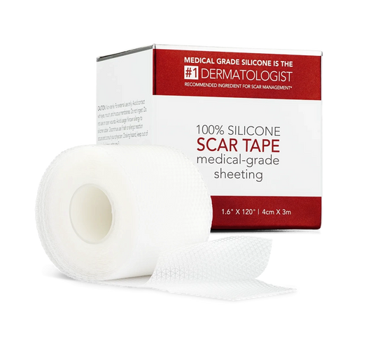 100% Silicone Scar Tape in a box with dimensions 1.6" x 120"