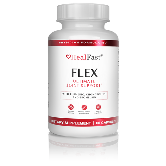 Flex Ultimate Joint Support supplement bottle with turmeric, chondroitin, and bromelain